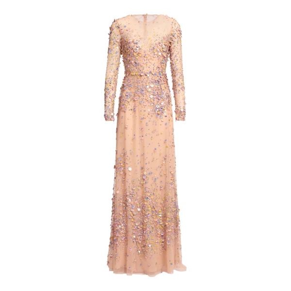 Elie Saab Sequin Embroidered Long Dress in Pink featuring Multicolored Sequins – Luxury Designer Fashion at Coveti.