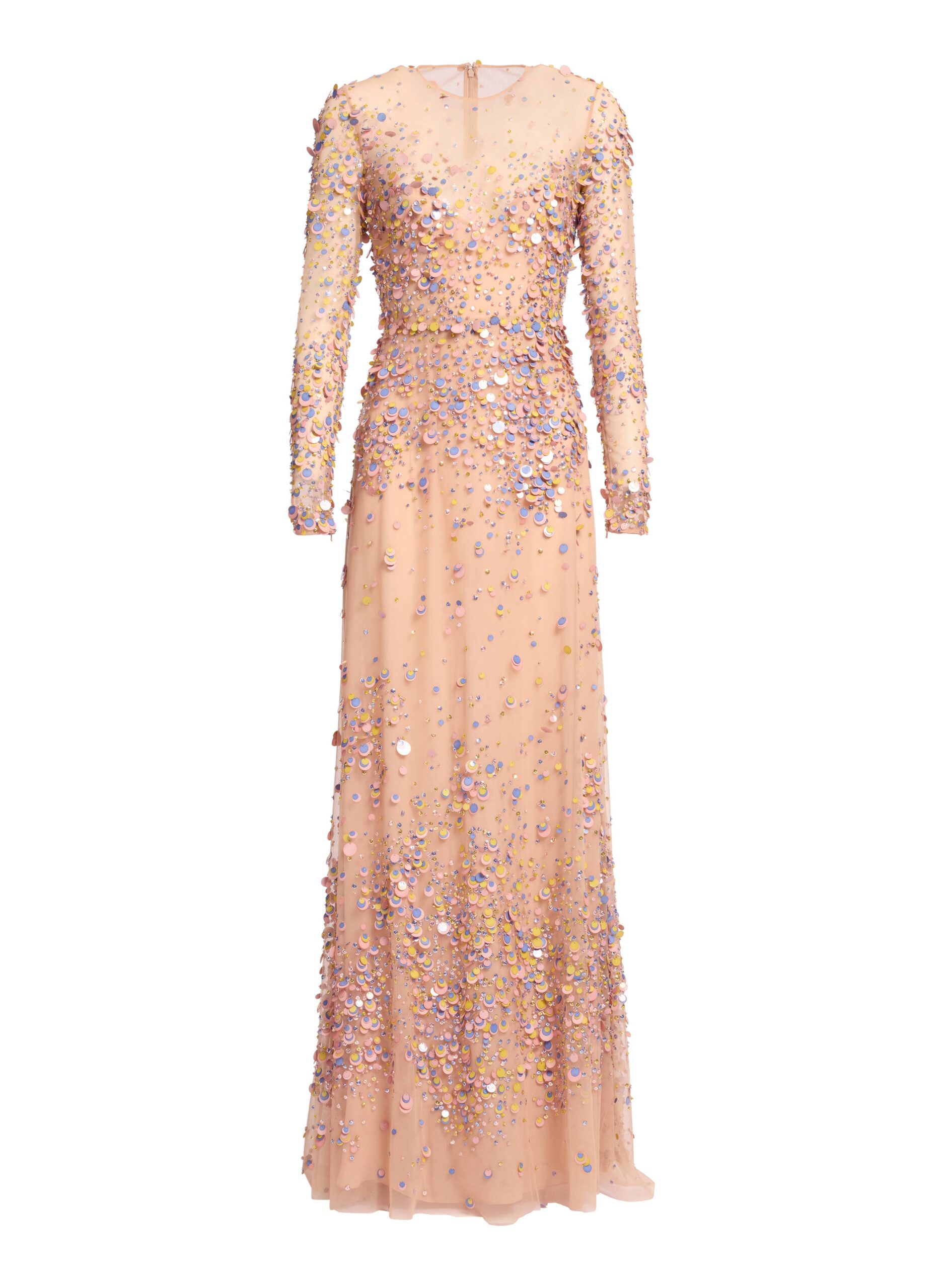 Elie Saab Sequin Embroidered Long Dress in Pink featuring Multicolored Sequins – Luxury Designer Fashion at Coveti.