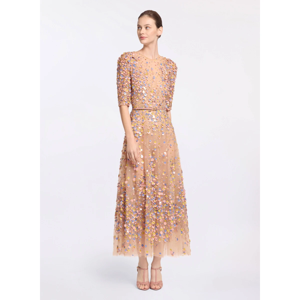 Elie Saab Sequin Embroidered Midi Dress in Pink featuring Multicolored Sequins – Luxury Designer Fashion at Coveti.