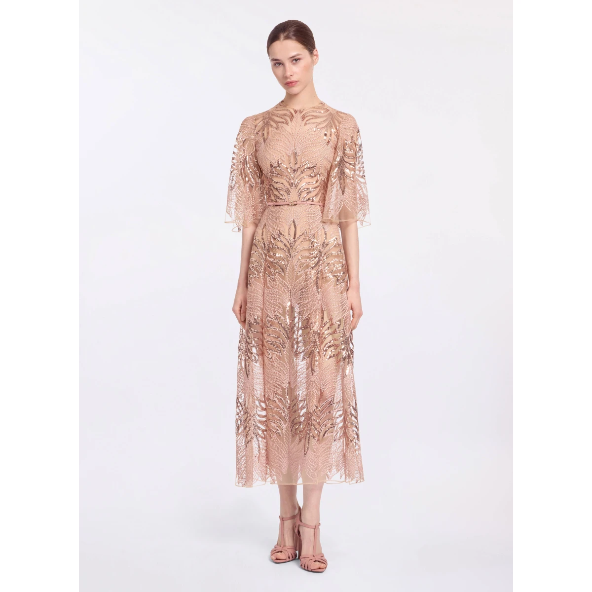 Elie Saab Sequin Embroidered Midi Dress in Pink featuring Round Neck – Luxury Designer Fashion at Coveti.