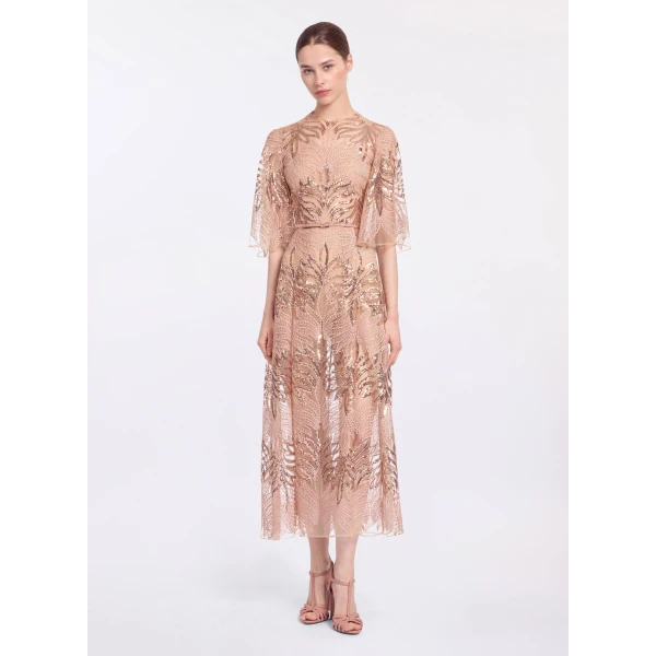 Elie Saab Sequin Embroidered Midi Dress in Pink featuring Round Neck – Luxury Designer Fashion at Coveti.