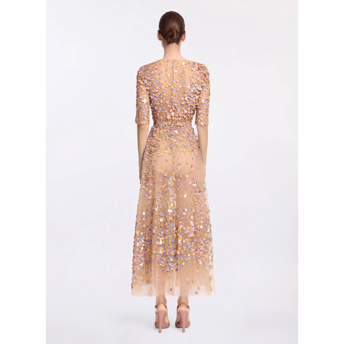 Elie Saab Sequin Embroidered Midi Dress in Pink featuring Multicolored Sequins – Luxury Designer Fashion at Coveti.