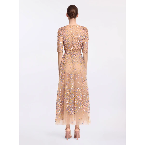 Elie Saab Sequin Embroidered Midi Dress in Pink featuring Multicolored Sequins – Luxury Designer Fashion at Coveti.