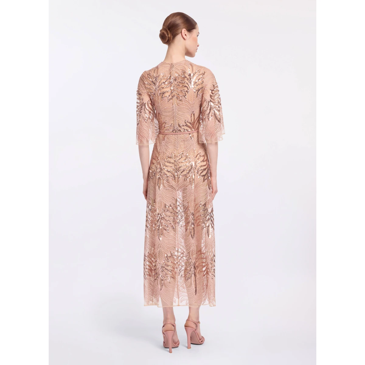 Elie Saab Sequin Embroidered Midi Dress in Pink featuring Round Neck – Luxury Designer Fashion at Coveti.
