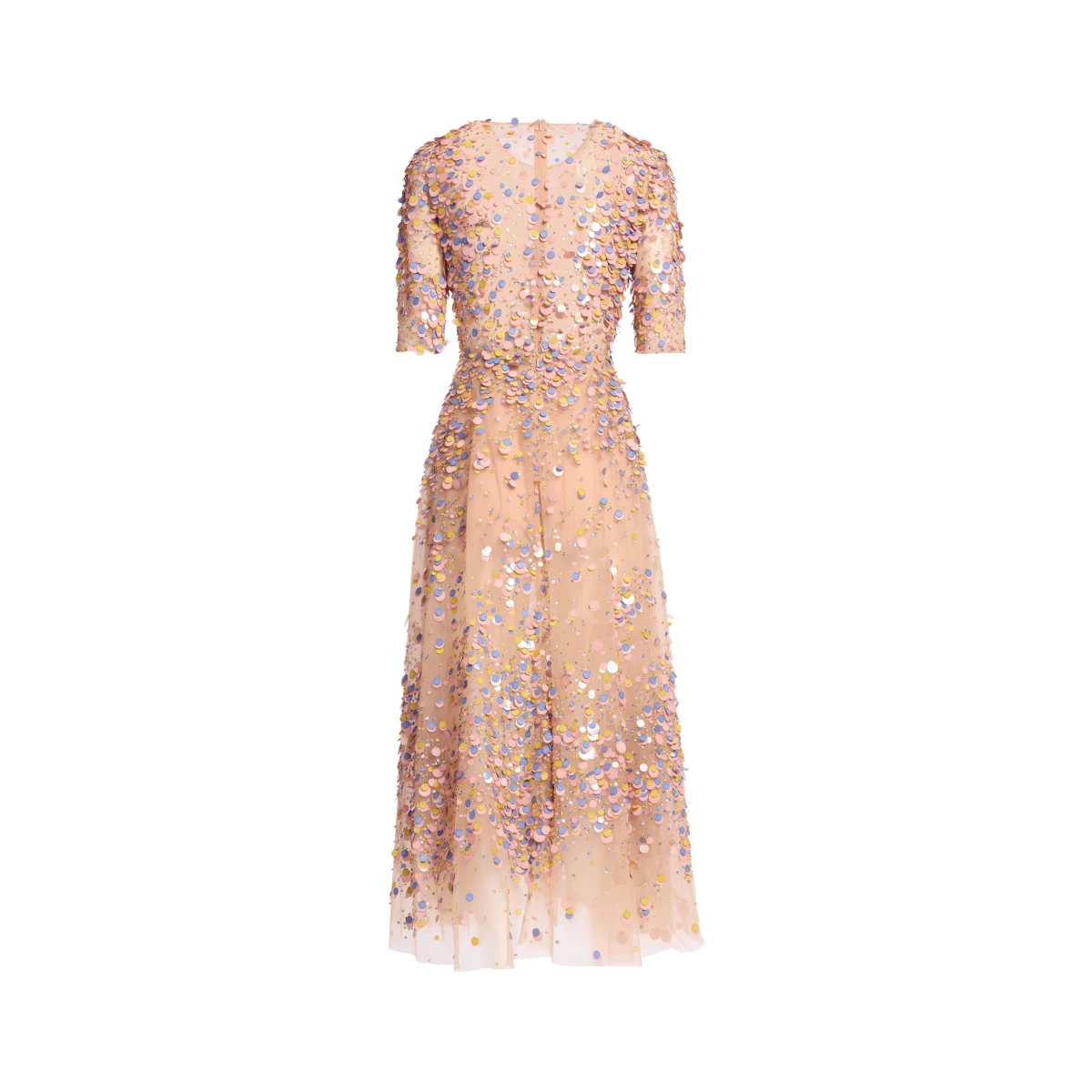 Elie Saab Sequin Embroidered Midi Dress in Pink featuring Multicolored Sequins – Luxury Designer Fashion at Coveti.