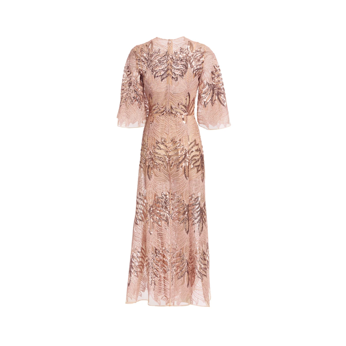 Elie Saab Sequin Embroidered Midi Dress in Pink featuring Round Neck – Luxury Designer Fashion at Coveti.