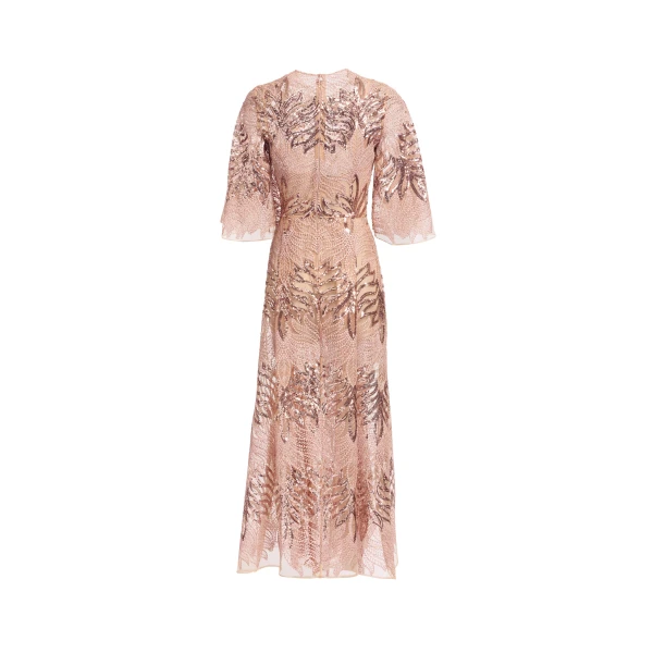 Elie Saab Sequin Embroidered Midi Dress in Pink featuring Round Neck – Luxury Designer Fashion at Coveti.
