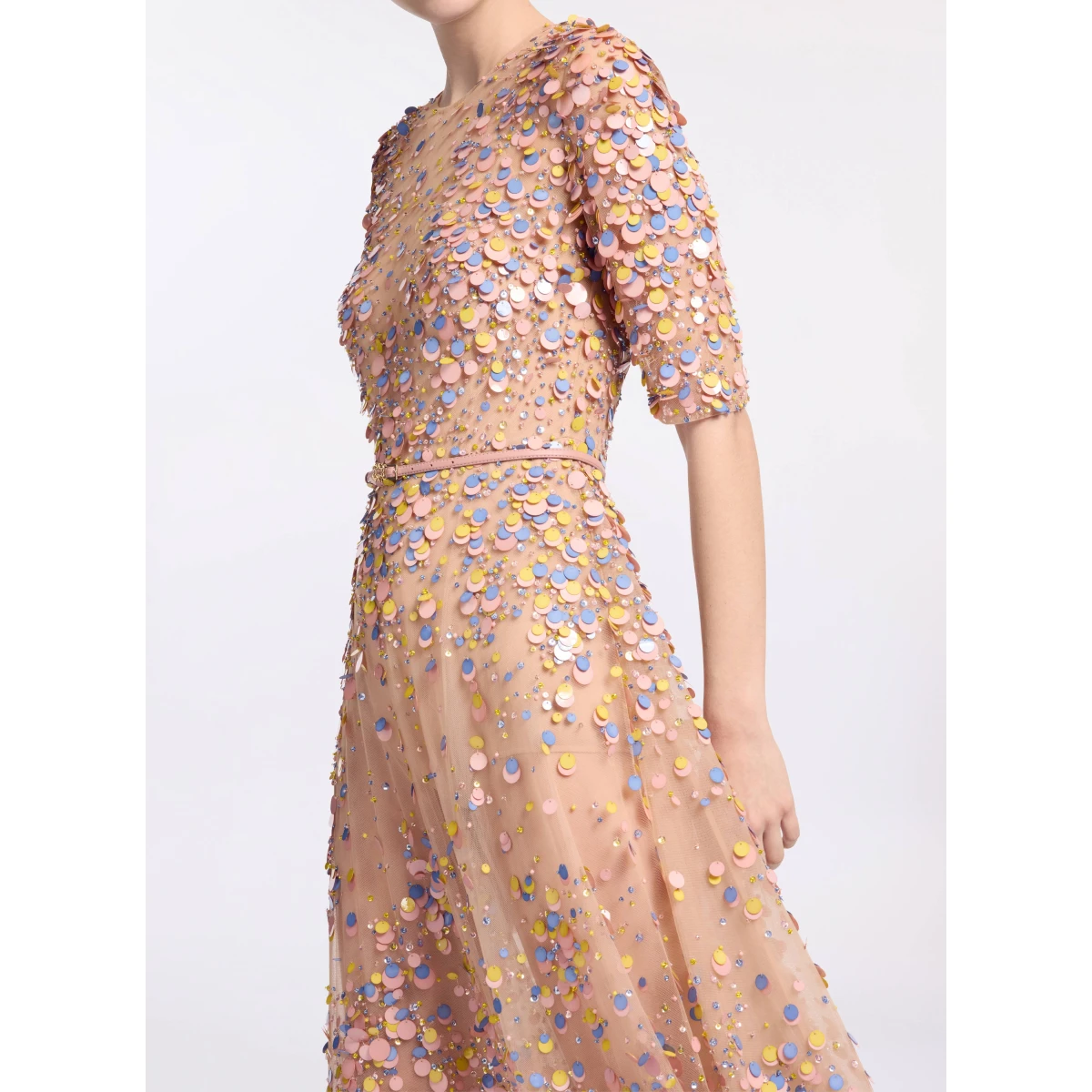 Elie Saab Sequin Embroidered Midi Dress in Pink featuring Multicolored Sequins – Luxury Designer Fashion at Coveti.