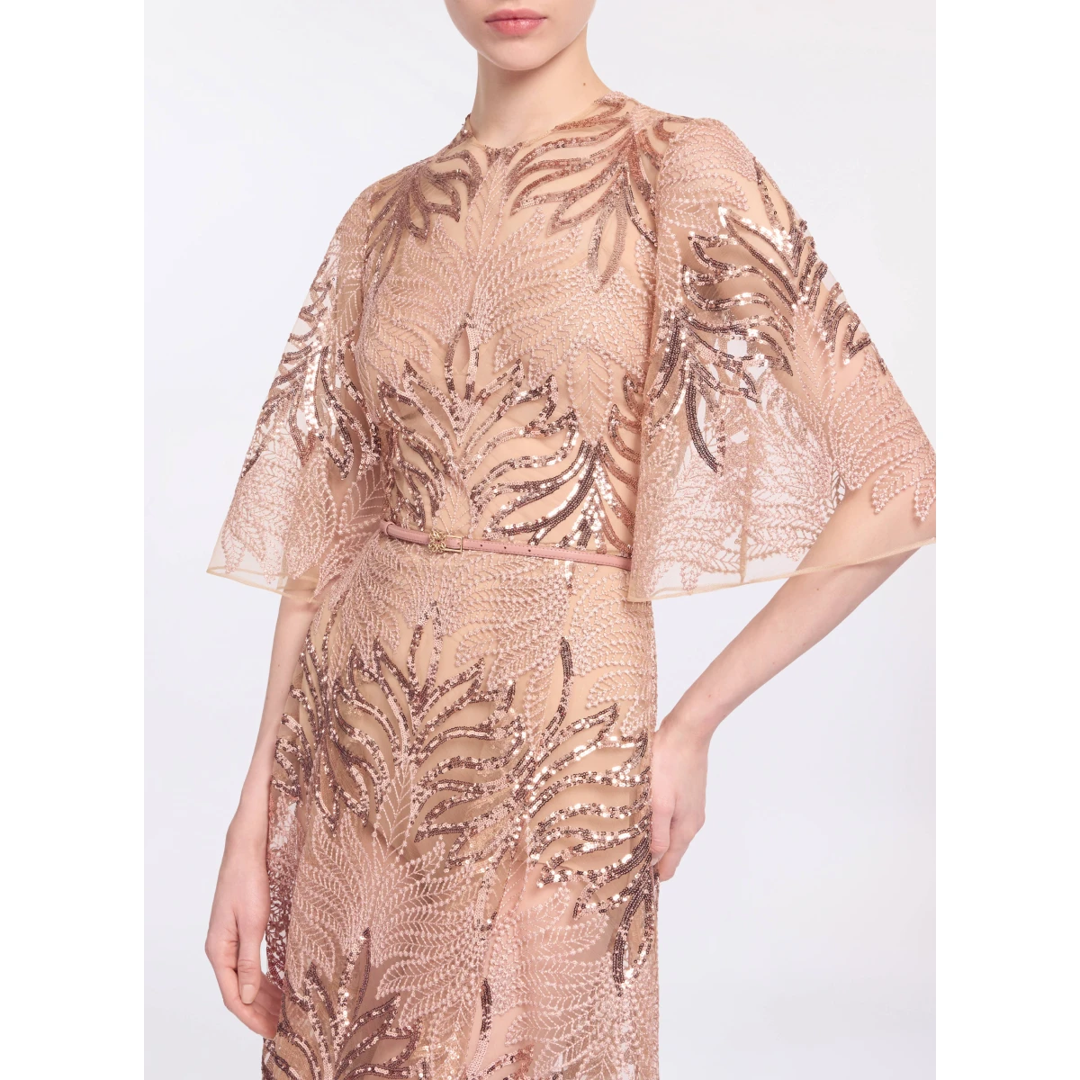 Elie Saab Sequin Embroidered Midi Dress in Pink featuring Round Neck – Luxury Designer Fashion at Coveti.