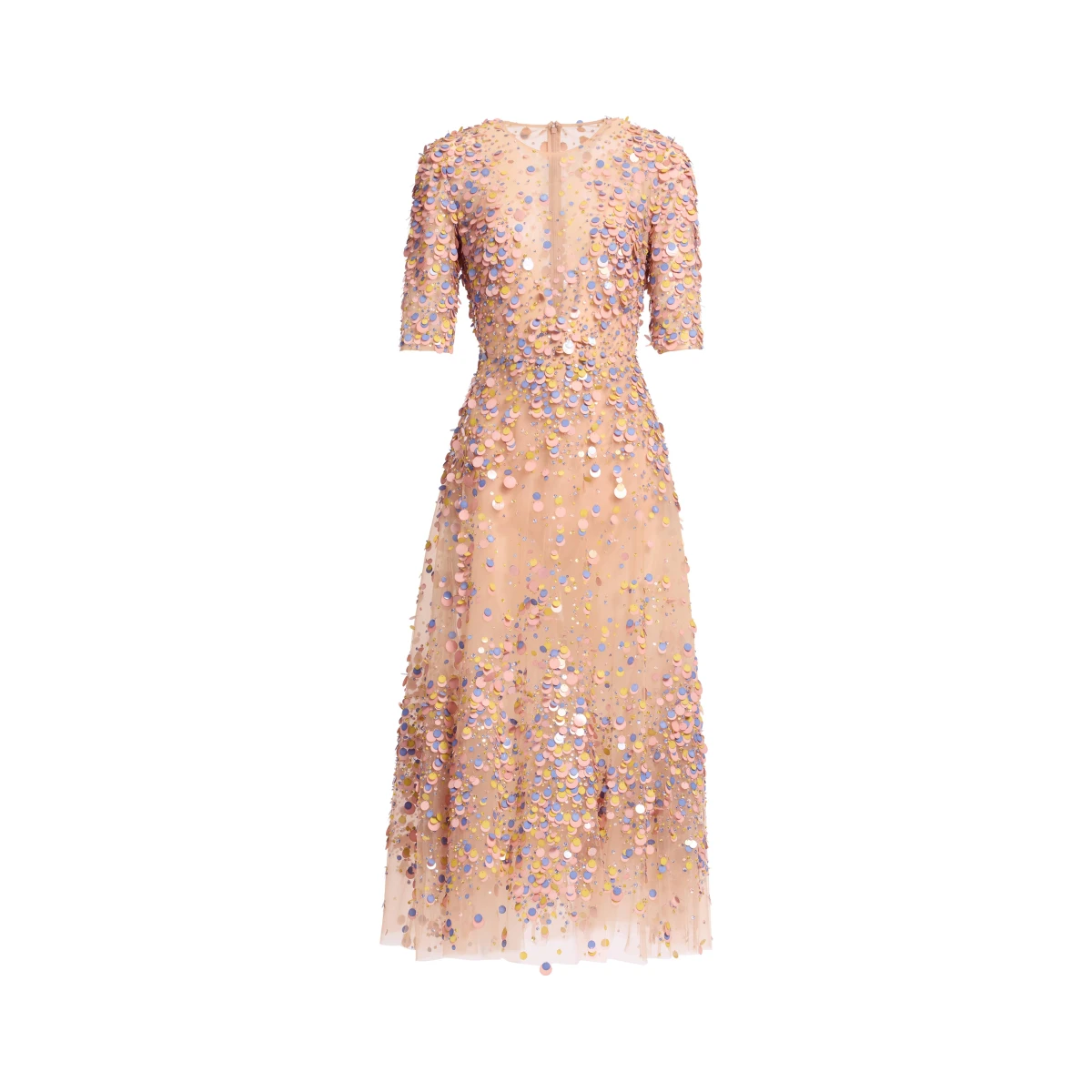 Elie Saab Sequin Embroidered Midi Dress in Pink featuring Multicolored Sequins – Luxury Designer Fashion at Coveti.