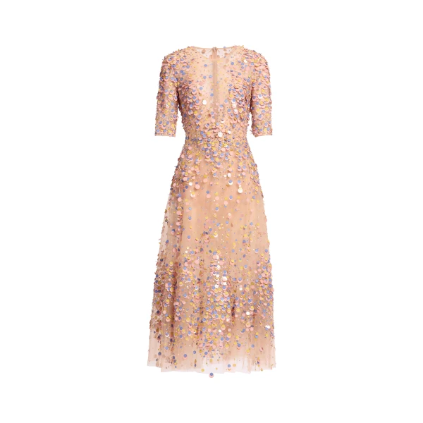 Elie Saab Sequin Embroidered Midi Dress in Pink featuring Multicolored Sequins – Luxury Designer Fashion at Coveti.