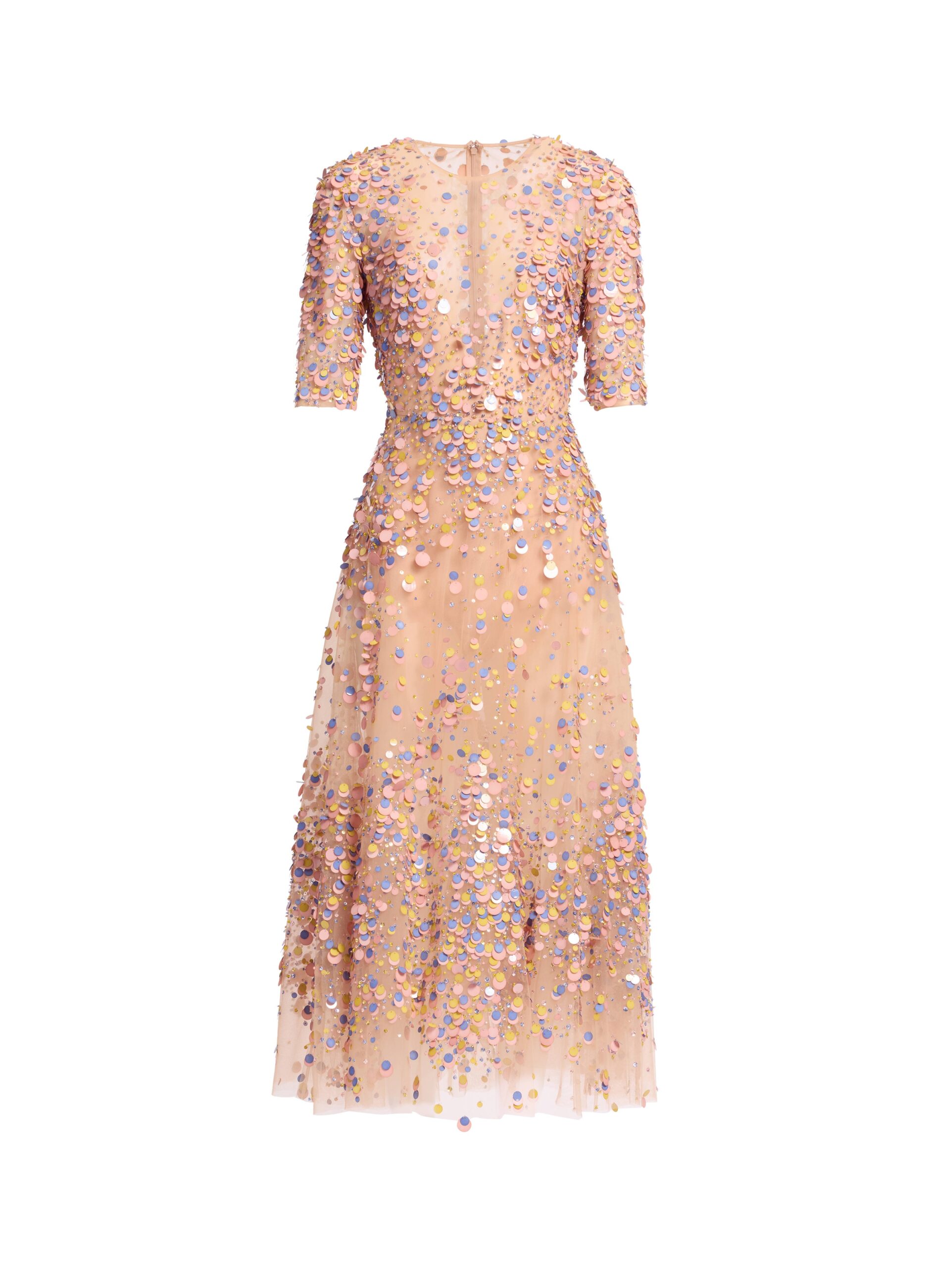 Elie Saab Sequin Embroidered Midi Dress in Pink featuring Multicolored Sequins – Luxury Designer Fashion at Coveti.