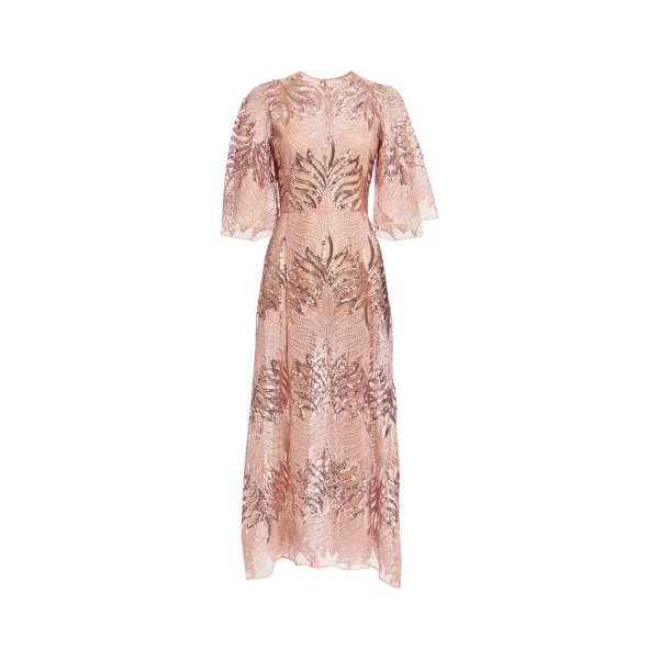 Elie Saab Sequin Embroidered Midi Dress in Pink featuring Round Neck – Luxury Designer Fashion at Coveti.