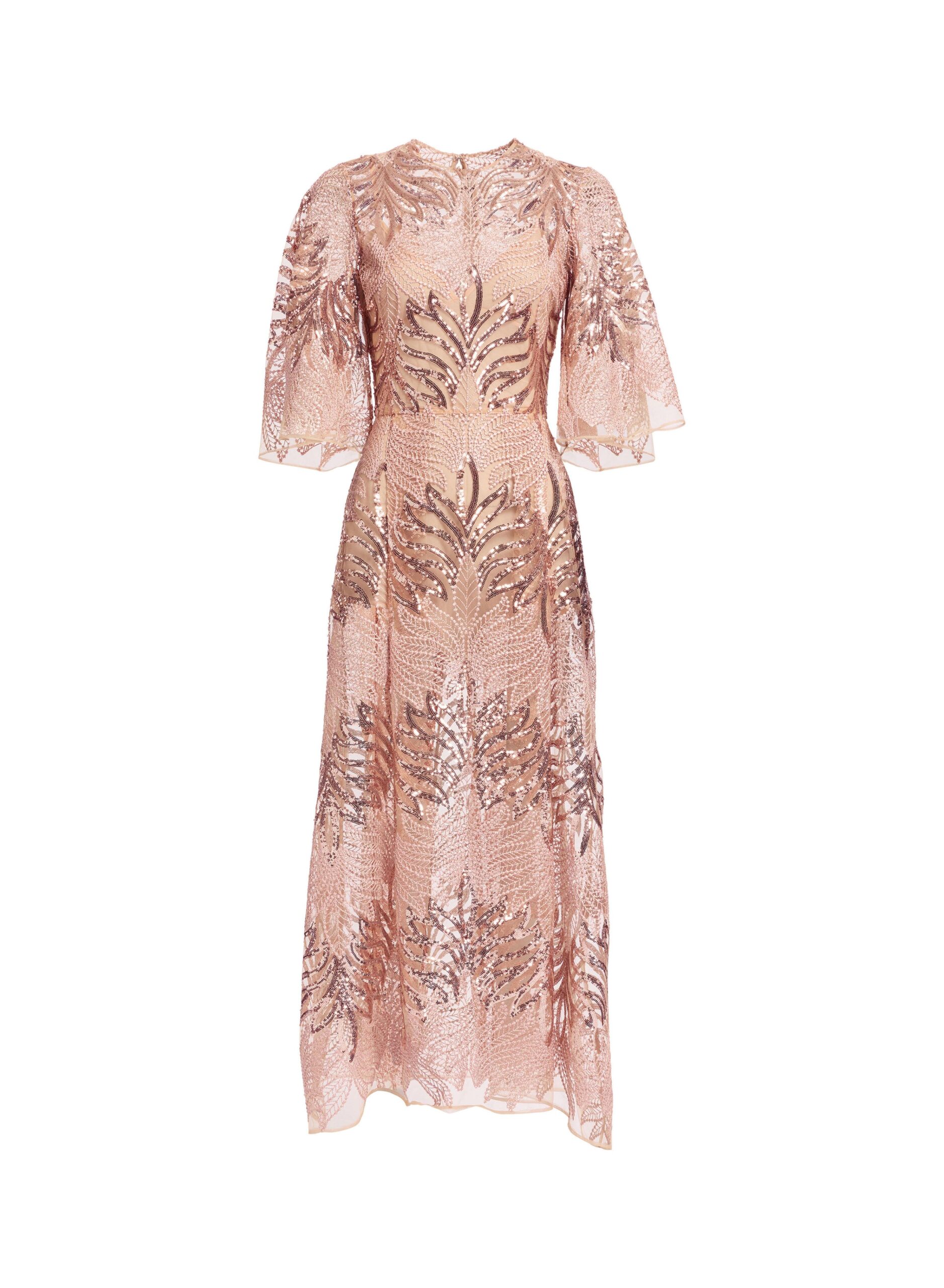 Elie Saab Sequin Embroidered Midi Dress in Pink featuring Round Neck – Luxury Designer Fashion at Coveti.
