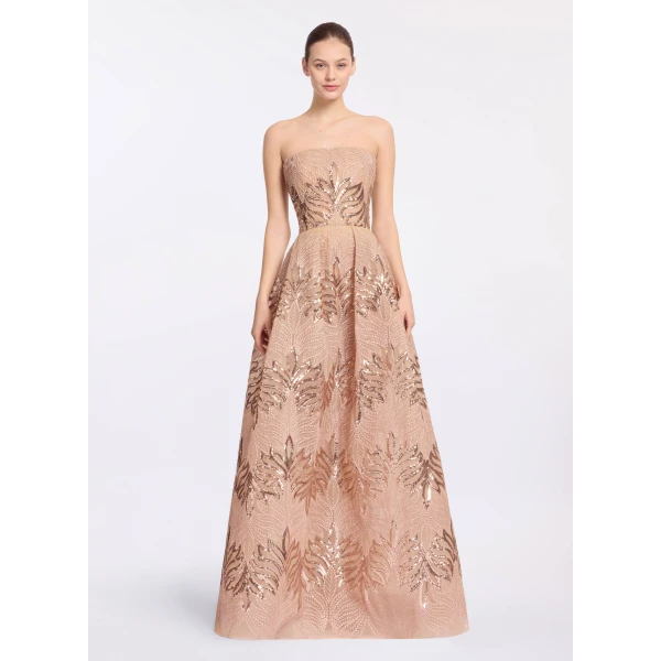 Elie Saab Sequin Embroidered Strapless Gown in Pink featuring Corset Bodice – Luxury Designer Fashion at Coveti.