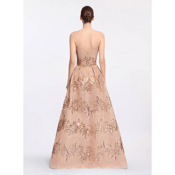 Elie Saab Sequin Embroidered Strapless Gown in Pink featuring Corset Bodice – Luxury Designer Fashion at Coveti.