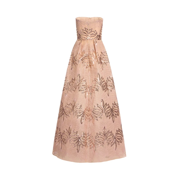 Elie Saab Sequin Embroidered Strapless Gown in Pink featuring Corset Bodice – Luxury Designer Fashion at Coveti.