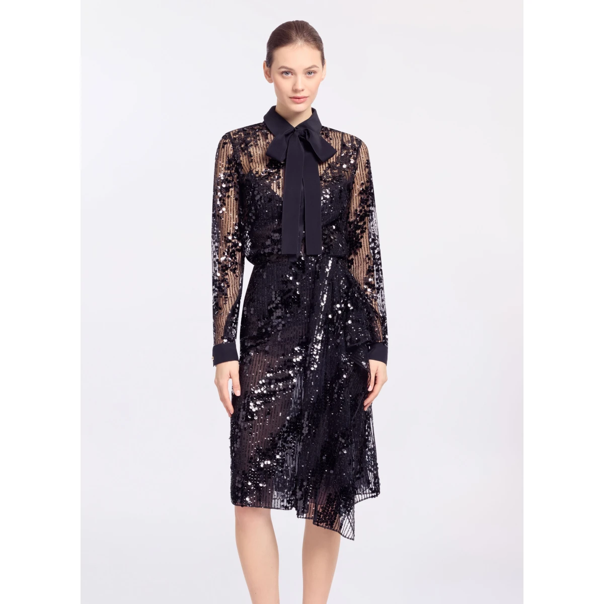 Elie Saab Sequins Shirt in Black featuring Classic Collar – Luxury Designer Fashion at Coveti.