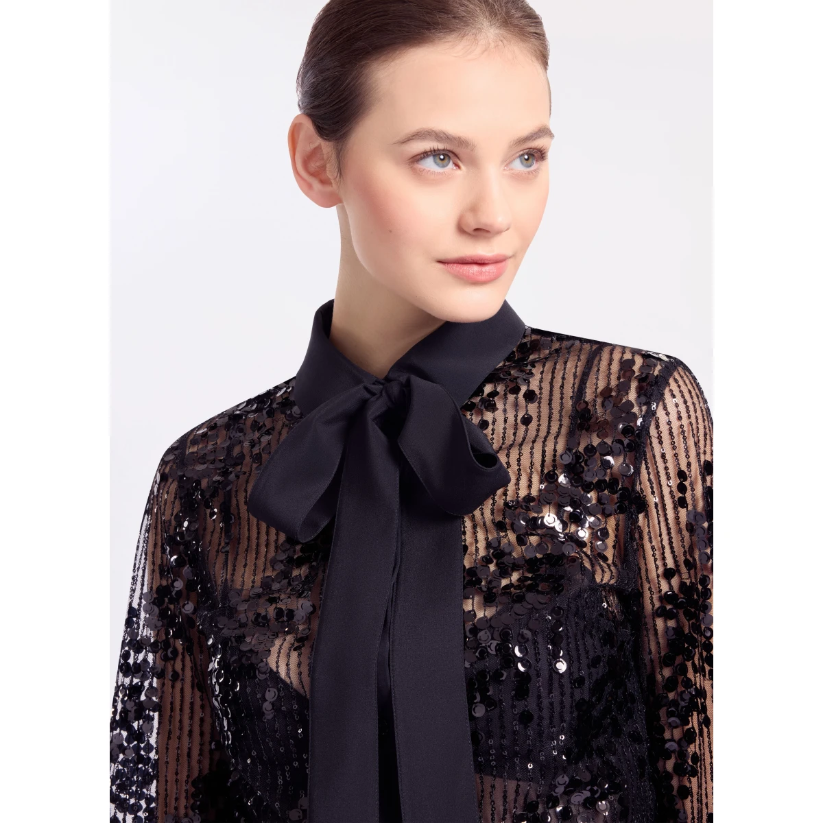 Elie Saab Sequins Shirt in Black featuring Classic Collar – Luxury Designer Fashion at Coveti.