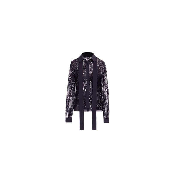 Elie Saab Sequins Shirt in Black featuring Classic Collar – Luxury Designer Fashion at Coveti.
