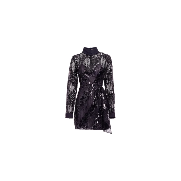 Elie Saab Sequins Short Dress in Black featuring Asymmetrical Draping – Luxury Designer Fashion at Coveti.