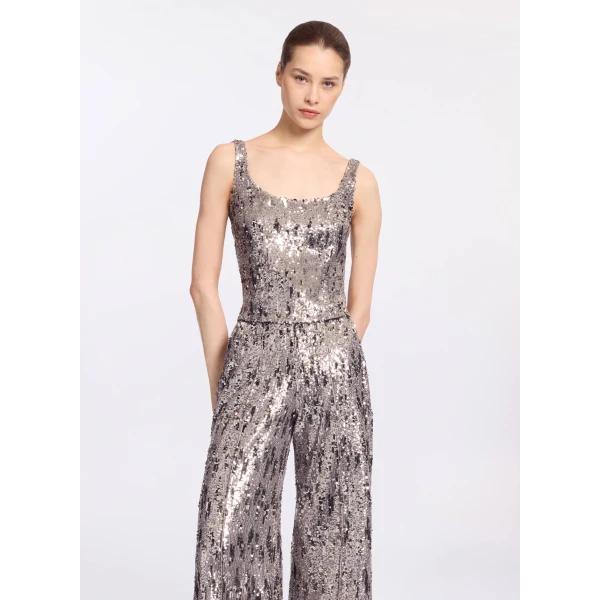 Elie Saab Sequins Top in Silver featuring Scoop Neckline – Luxury Designer Fashion at Coveti.