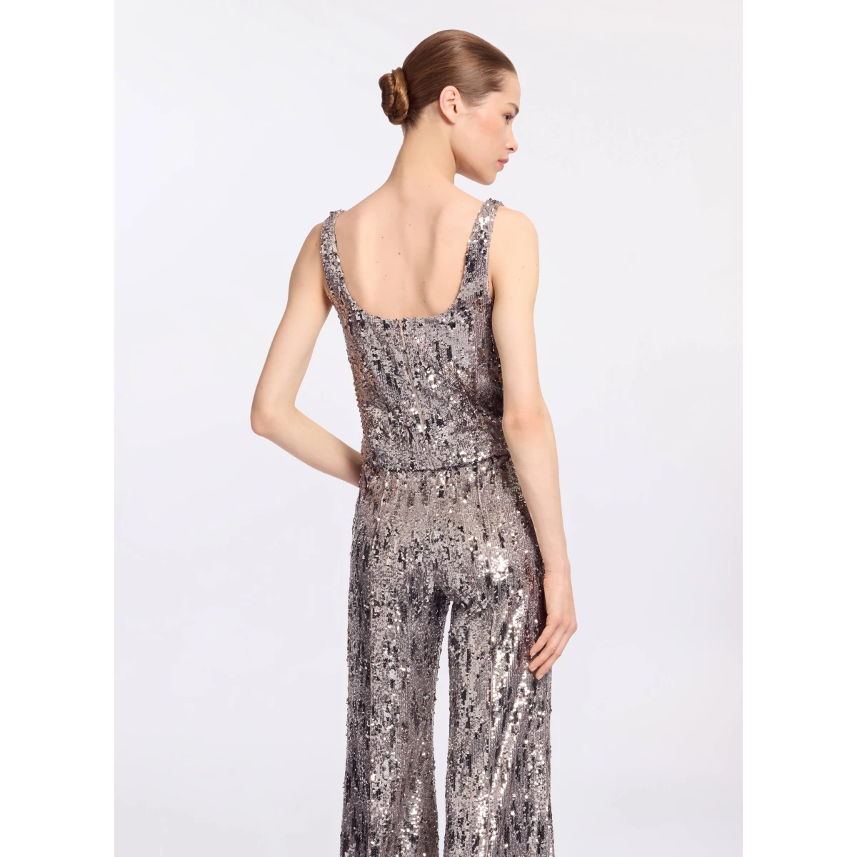 Elie Saab Sequins Top in Silver featuring Scoop Neckline – Luxury Designer Fashion at Coveti.
