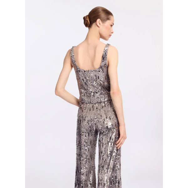 Elie Saab Sequins Top in Silver featuring Scoop Neckline – Luxury Designer Fashion at Coveti.