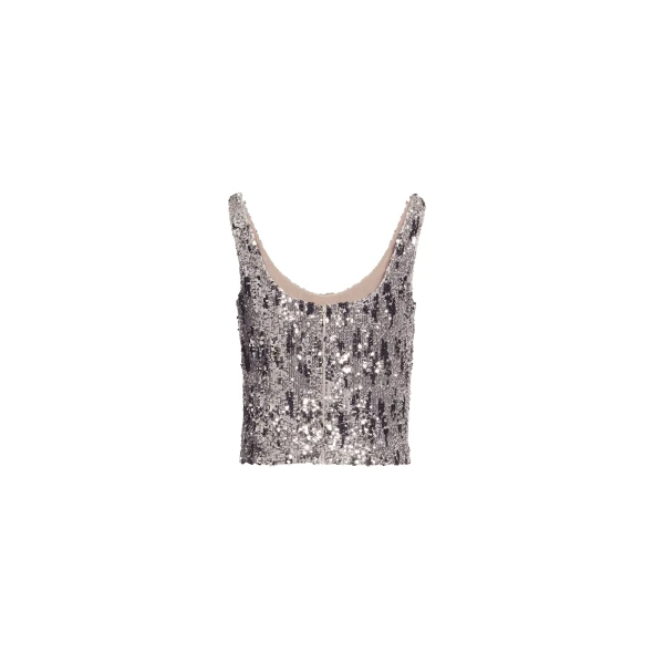 Elie Saab Sequins Top in Silver featuring Scoop Neckline – Luxury Designer Fashion at Coveti.