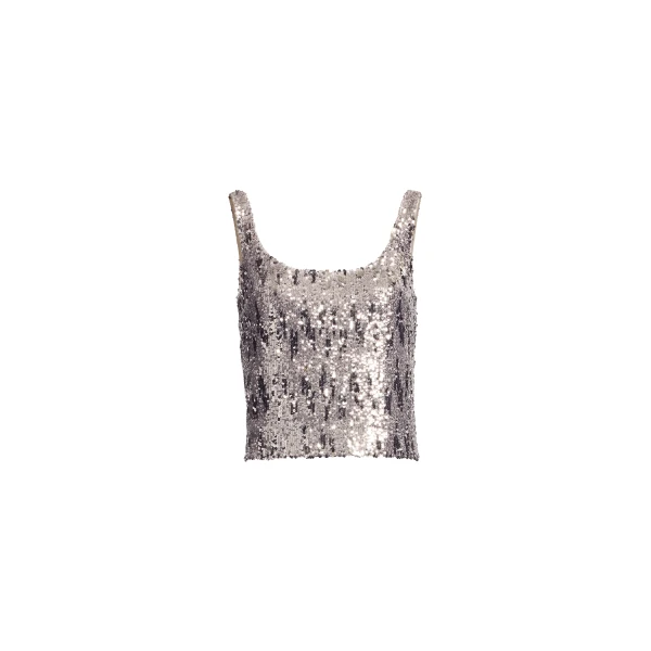 Elie Saab Sequins Top in Silver featuring Scoop Neckline – Luxury Designer Fashion at Coveti.