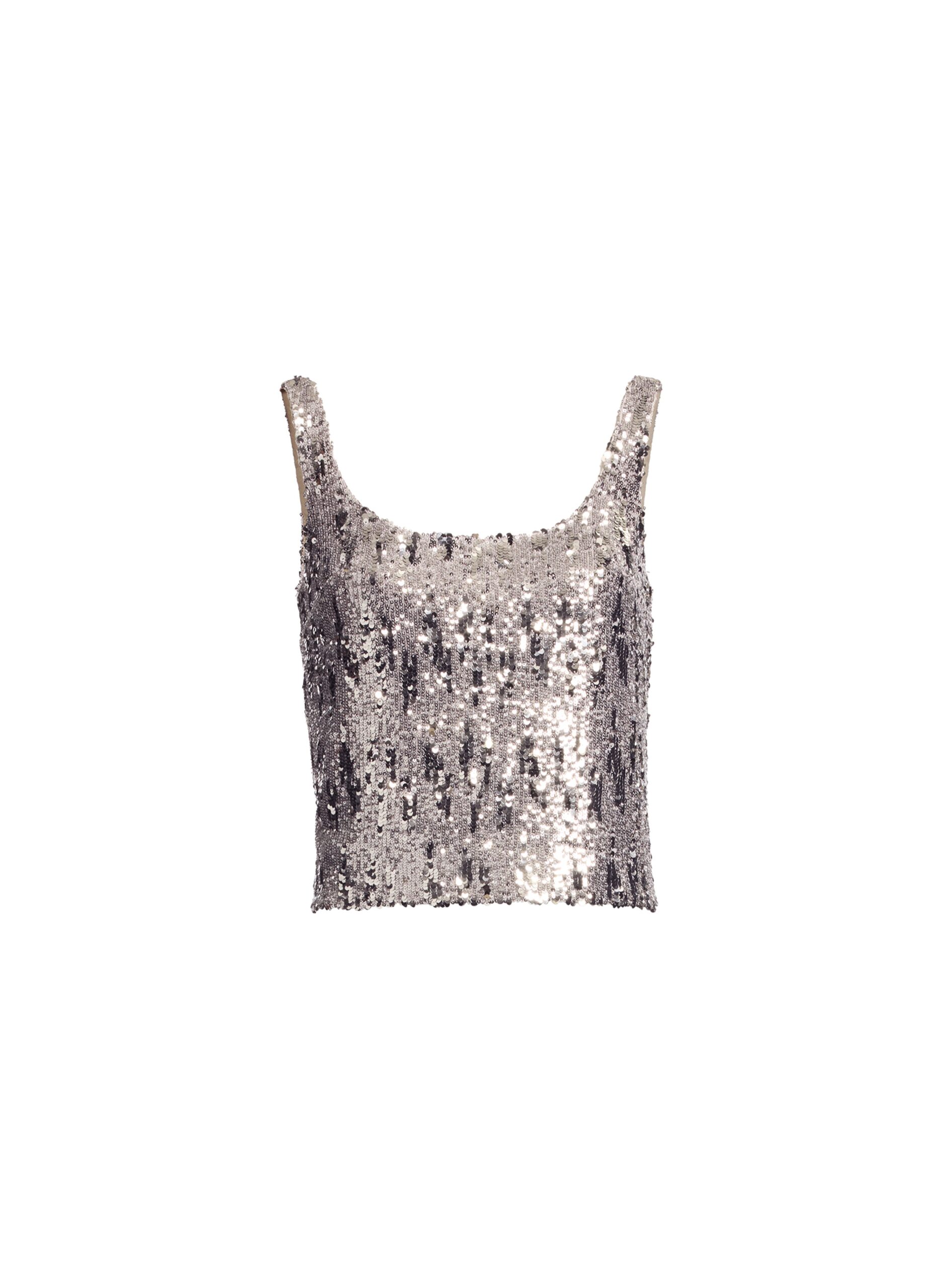 Elie Saab Sequins Top in Silver featuring Scoop Neckline – Luxury Designer Fashion at Coveti.