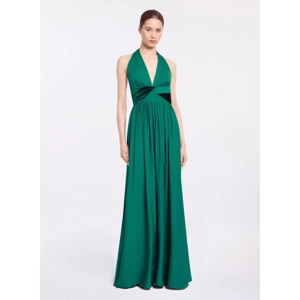Elie Saab Silk And Velvet Long Dress in Green featuring Silk & Velvet Draping – Luxury Designer Fashion at Coveti.