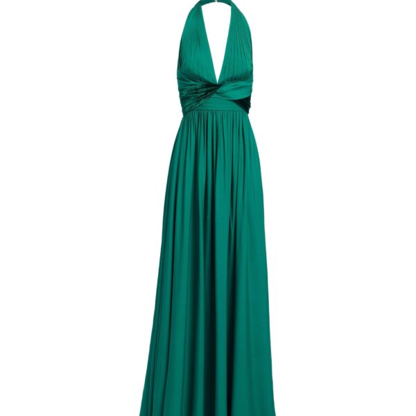 Elie Saab Silk And Velvet Long Dress in Green featuring Silk & Velvet Draping – Luxury Designer Fashion at Coveti.