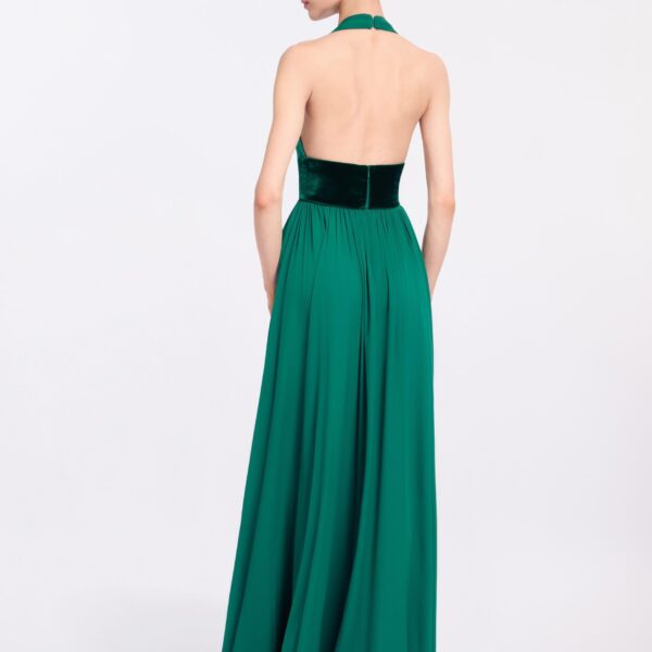 Elie Saab Silk And Velvet Long Dress in Green featuring Silk & Velvet Draping – Luxury Designer Fashion at Coveti.