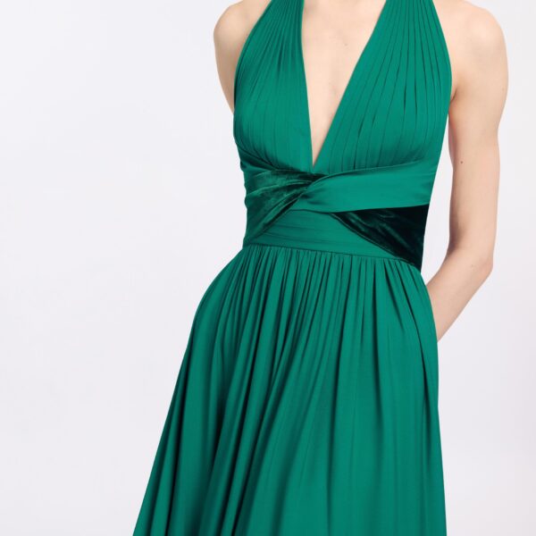 Elie Saab Silk And Velvet Long Dress in Green featuring Silk & Velvet Draping – Luxury Designer Fashion at Coveti.