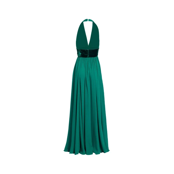 Elie Saab Silk And Velvet Long Dress in Green featuring Silk & Velvet Draping – Luxury Designer Fashion at Coveti.
