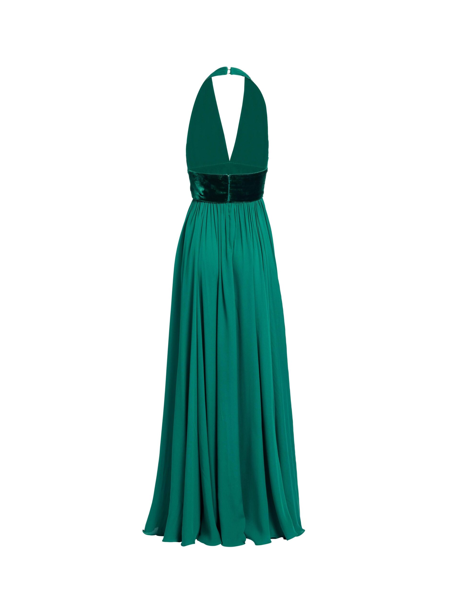 Elie Saab Silk And Velvet Long Dress in Green featuring Silk & Velvet Draping – Luxury Designer Fashion at Coveti.