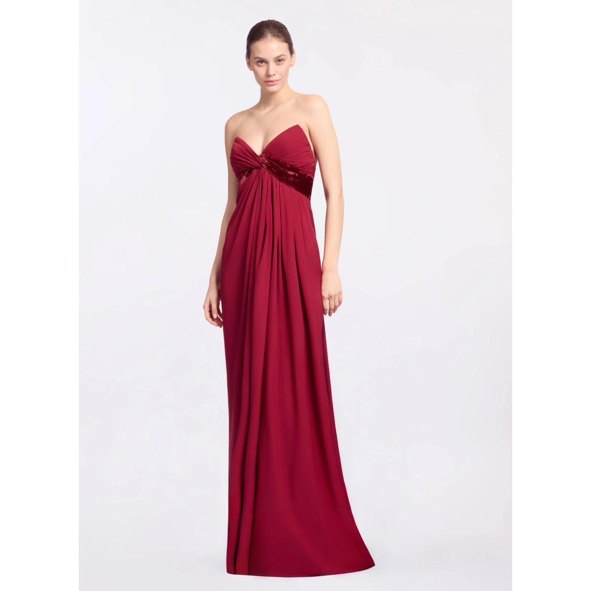Elie Saab Silk And Velvet Long Dress in Red featuring Velvet & Silk Draped Bust – Luxury Designer Fashion at Coveti.