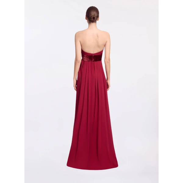 Elie Saab Silk And Velvet Long Dress in Red featuring Velvet & Silk Draped Bust – Luxury Designer Fashion at Coveti.
