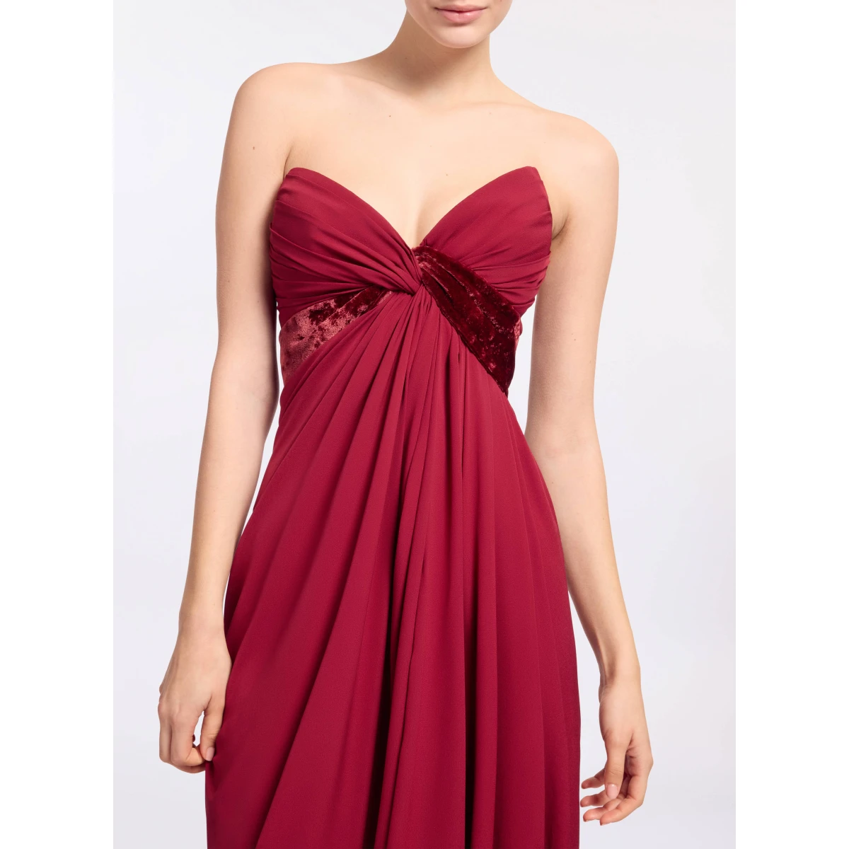 Elie Saab Silk And Velvet Long Dress in Red featuring Velvet & Silk Draped Bust – Luxury Designer Fashion at Coveti.