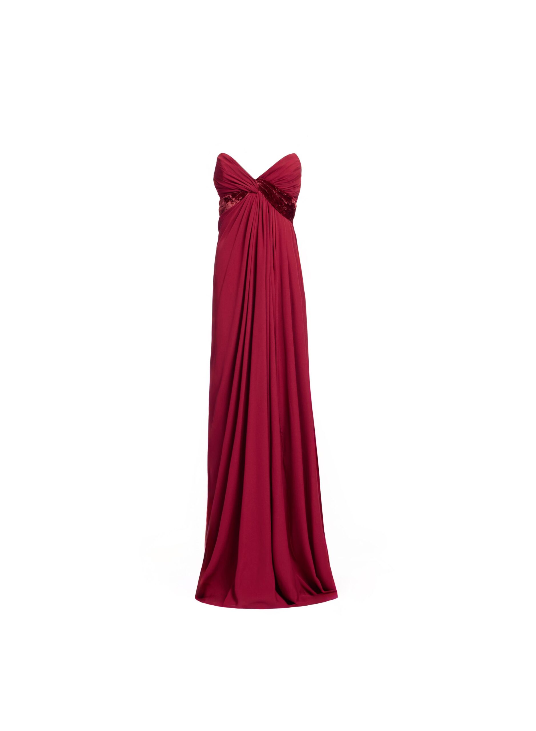 Elie Saab Silk And Velvet Long Dress in Red featuring Velvet & Silk Draped Bust – Luxury Designer Fashion at Coveti.