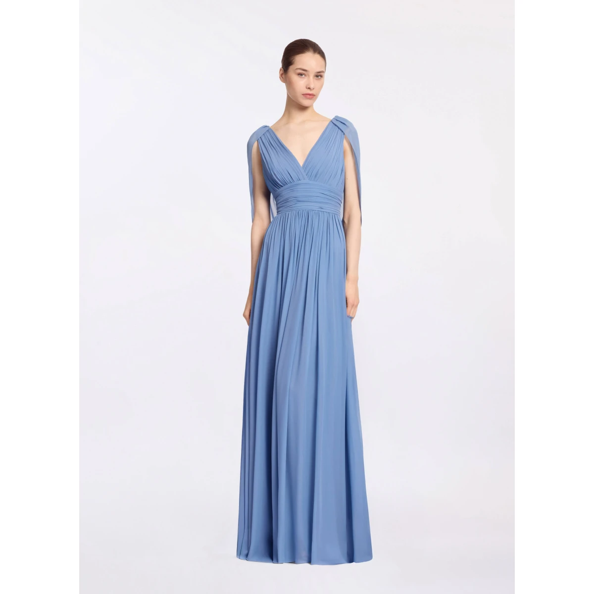 Elie Saab Silk Long Dress in Blue featuring V-Neck – Luxury Designer Fashion at Coveti.