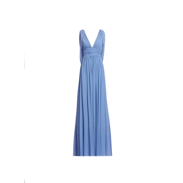 Elie Saab Silk Long Dress in Blue featuring V-Neck – Luxury Designer Fashion at Coveti.