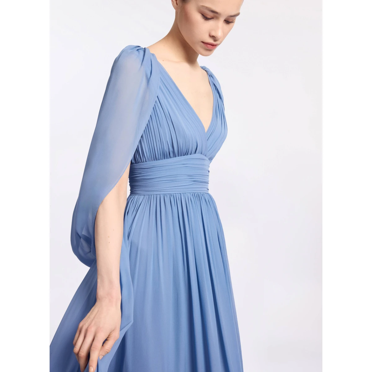 Elie Saab Silk Long Dress in Blue featuring V-Neck – Luxury Designer Fashion at Coveti.