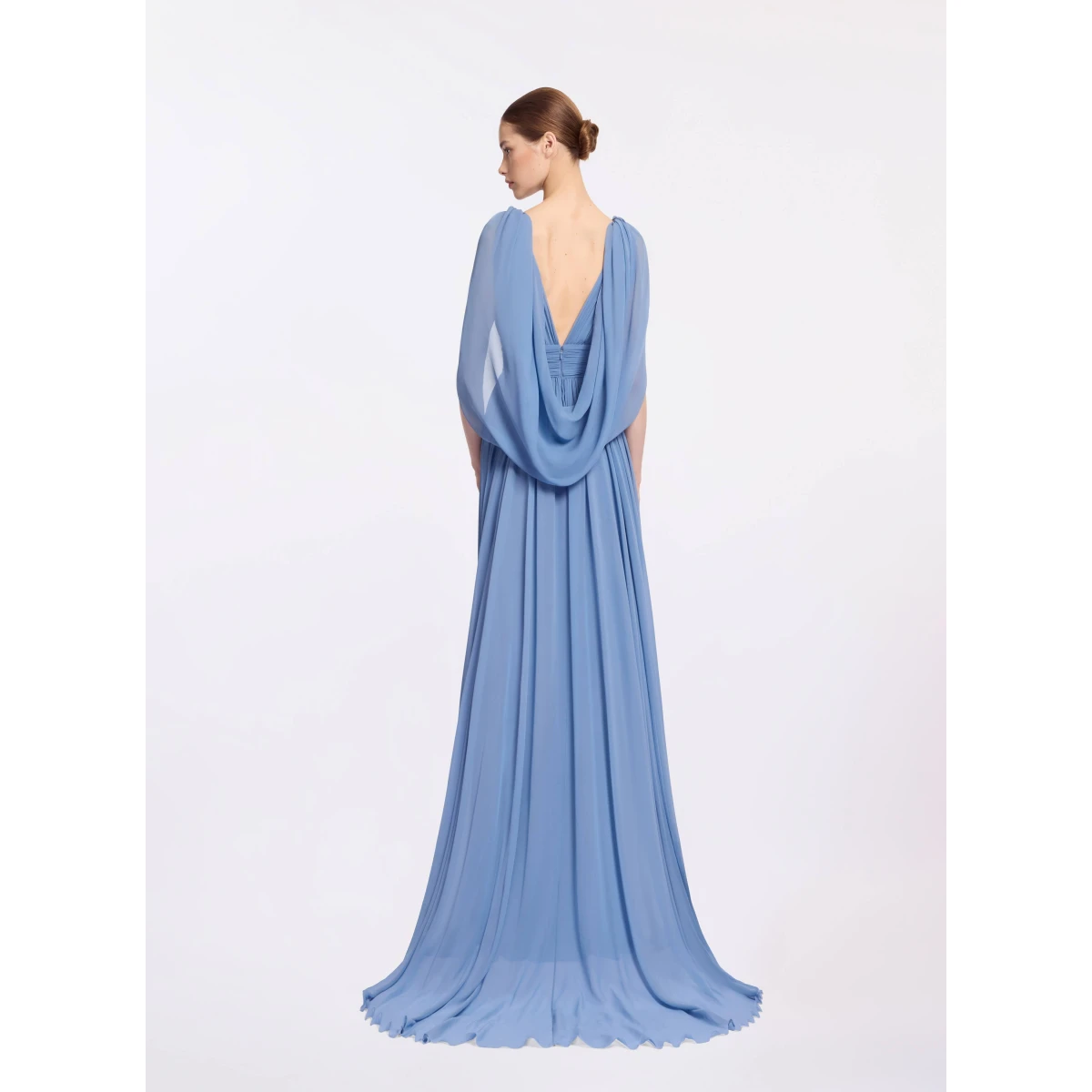 Elie Saab Silk Long Dress in Blue featuring V-Neck – Luxury Designer Fashion at Coveti.