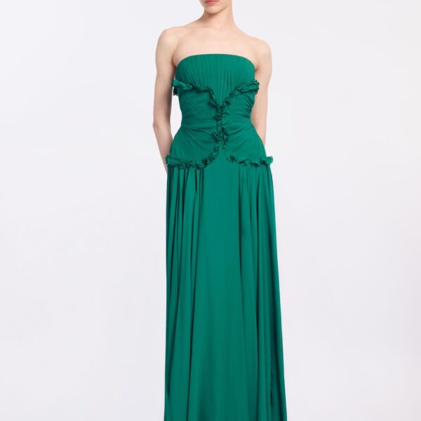 Elie Saab Silk Long Dress in Green featuring Ruffle Details – Luxury Designer Fashion at Coveti.