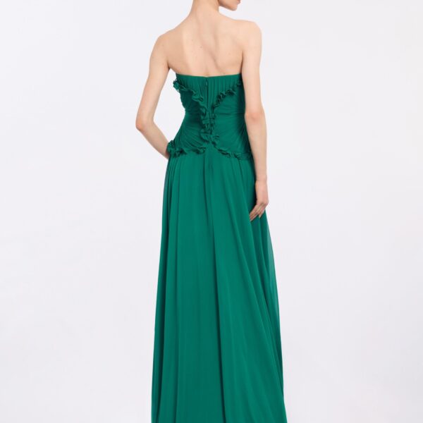 Elie Saab Silk Long Dress in Green featuring Ruffle Details – Luxury Designer Fashion at Coveti.
