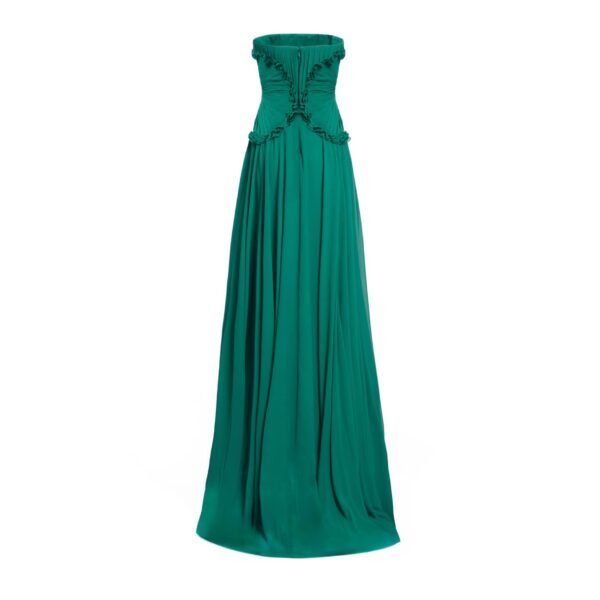Elie Saab Silk Long Dress in Green featuring Ruffle Details – Luxury Designer Fashion at Coveti.