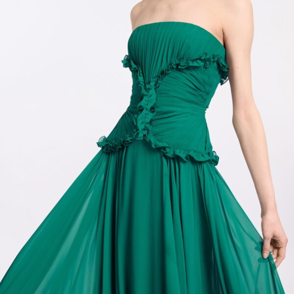 Elie Saab Silk Long Dress in Green featuring Ruffle Details – Luxury Designer Fashion at Coveti.