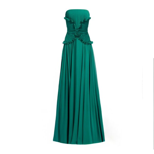 Elie Saab Silk Long Dress in Green featuring Ruffle Details – Luxury Designer Fashion at Coveti.